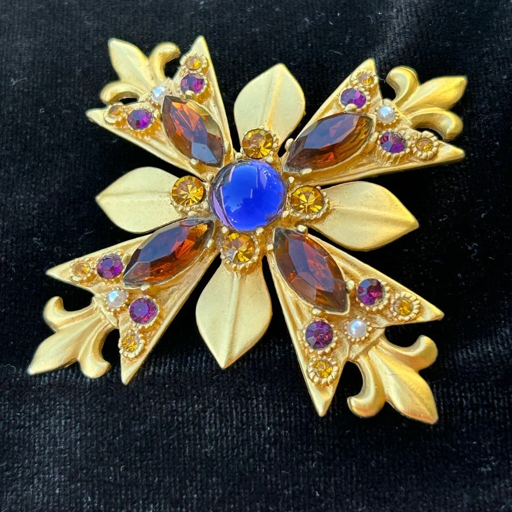 Maltese Cross with Fleur de Lis Brooch Rhinestone Purple Brown Gold Signed